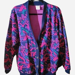 vintage 80s coogi neon pink, green, purple and navy blue knit cardigan sweater
